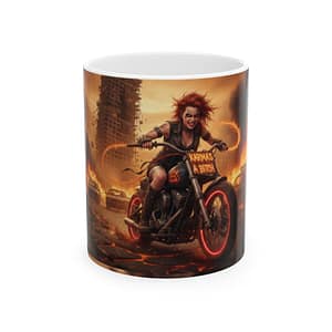 Apocalyptic Biker Ceramic Mug (11oz/15oz) — Fierce Motorcycle Rider Artwork