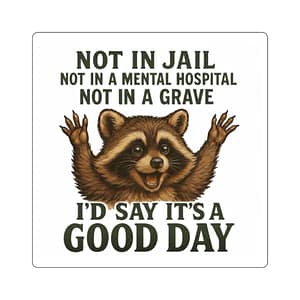 Square Sticker — 'Not in Jail, Not in a Mental Hospital, Not in a Grave' Racoon Good Day Sticker