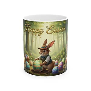 Happy Easter Bunny Ceramic Mug — Cute Woodland Rabbit with Painted Eggs (11oz & 15oz)