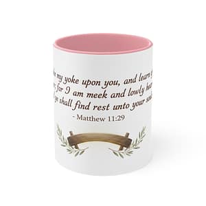 Matthew 11:29 Accent Mug — Inspirational Christian Coffee Cup (Pink Accent)