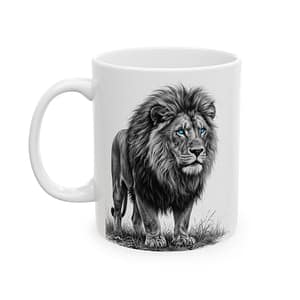 Lion Ceramic Mug — Black & White Lion with Blue Eyes (11oz/15oz)