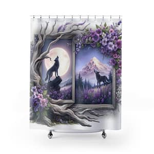 Purple Moon Wolf Shower Curtain – Mystic Forest Bathroom Decor