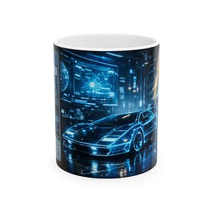 Futuristic Cyberwoman & Neon Sports Car Ceramic Mug (11oz, 15oz)